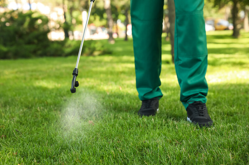 Workers using a spray for lawn and pest control