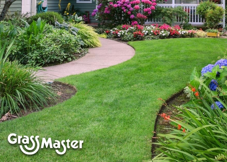 Fresh cut grass and colorful garden_