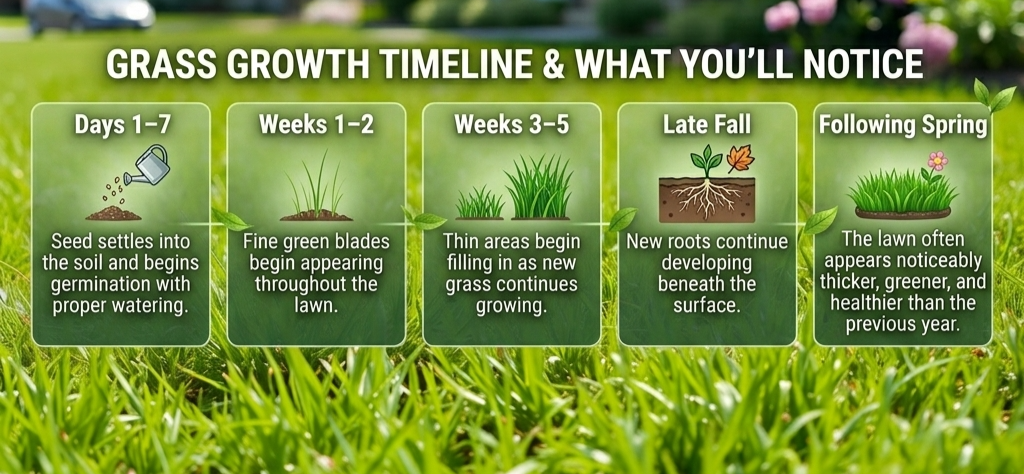Grass growth timeline after overseeding, showing seed germination during days 1–7, fine green blades appearing in weeks 1–2, thin areas filling in during weeks 3–5, continued root development in late fall, and a thicker, greener, healthier lawn the following spring.
