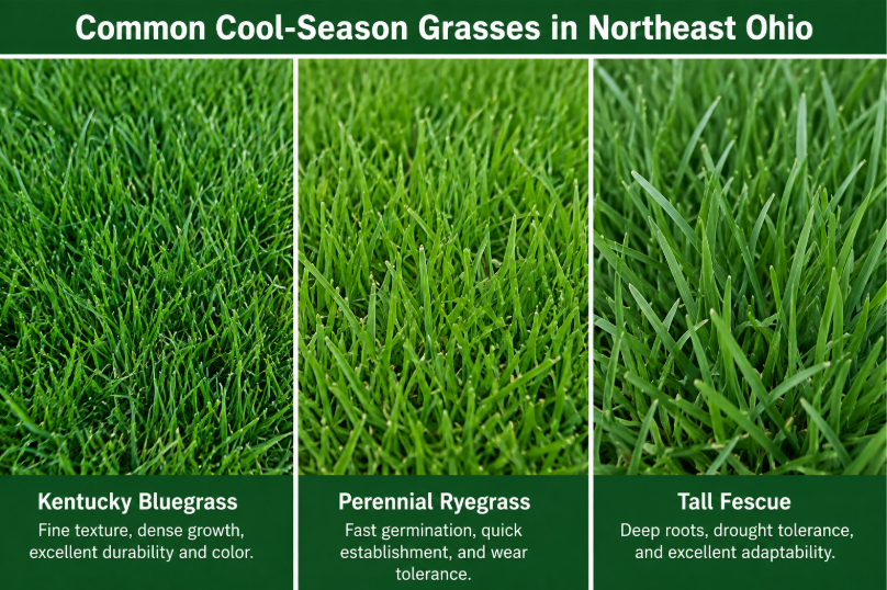 Comparison of three common cool-season grasses in Northeast Ohio: Kentucky bluegrass with fine, dense growth; perennial ryegrass with fast germination and good wear tolerance; and tall fescue with deep roots, drought tolerance, and adaptability.